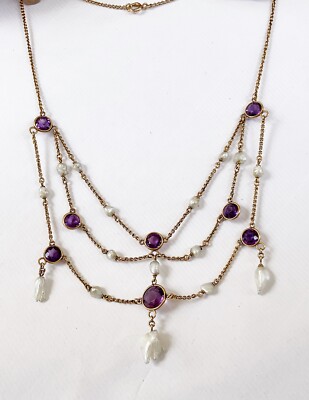 Antique Art Nouveau 14k Festoon Necklace With Amethyst And Pearls