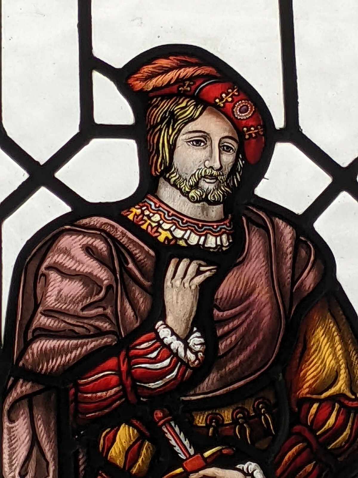 Outstanding Rare Arts And Crafts Stained Glass Panel With Hand Painted