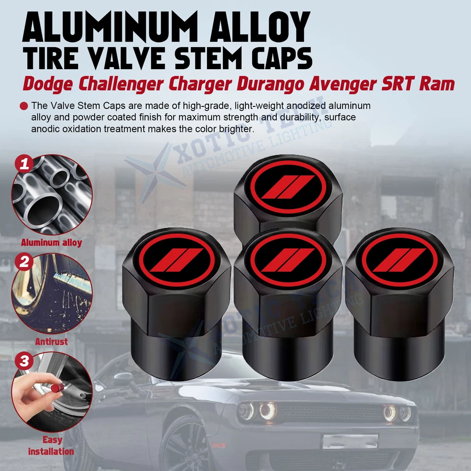 Tapas de vástago de válvula de neumático de aluminio rojo para Dodge Challenger Charger Durango Avenger Foto 3 de 4