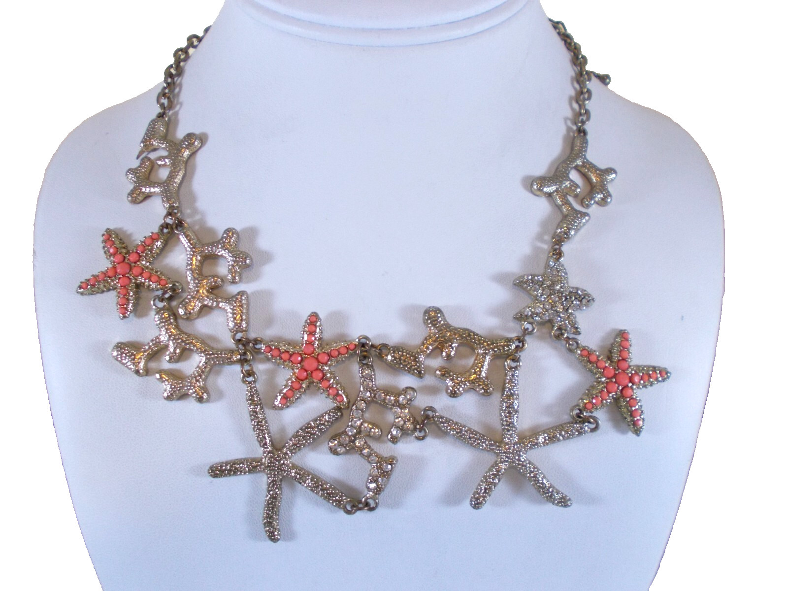 Gold Tone Starfish Faux Coral Rhinestone Sea Life Necklace Free Shipping