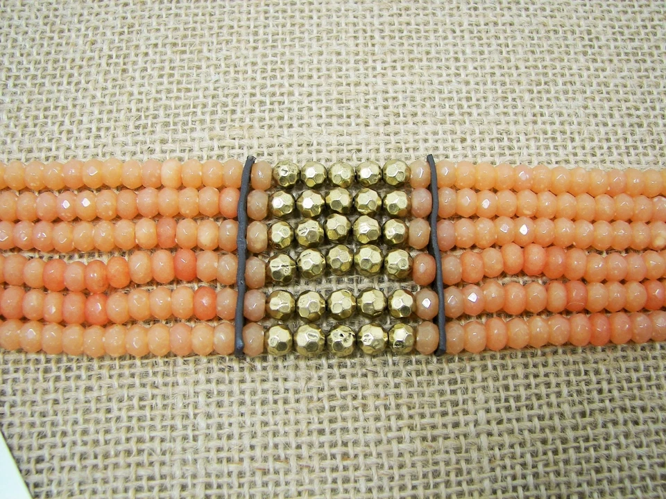 Pulseira larga de contas Lucky Brand 6 fios ouro laranja contas couro marrom boho - Imagem 4 de 4