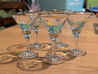 Vtg Mid Century Hand Painted Golf Cordial Cocktail Glasses Set of 5 Gold Rim
