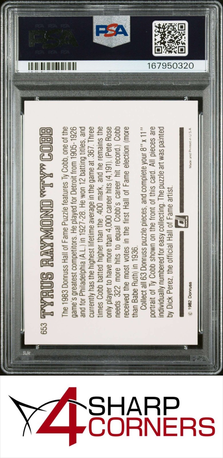 1983 DONRUSS #653 TY COBB HOF PUZZLE PSA 10 view 2