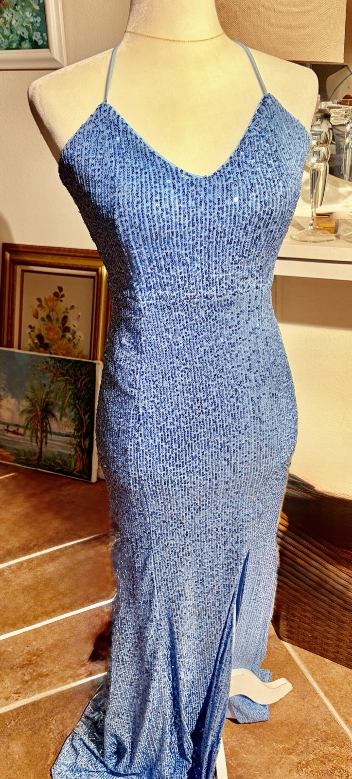 Miss Ord Blue Sequin Prom Dress Size Small Formal Maxi Gown Spaghetti Strap Slit