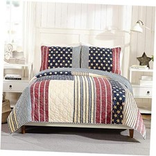 Patchwork Quilt Set Size - 3 Piece Reversible Red White Full Queen Americana