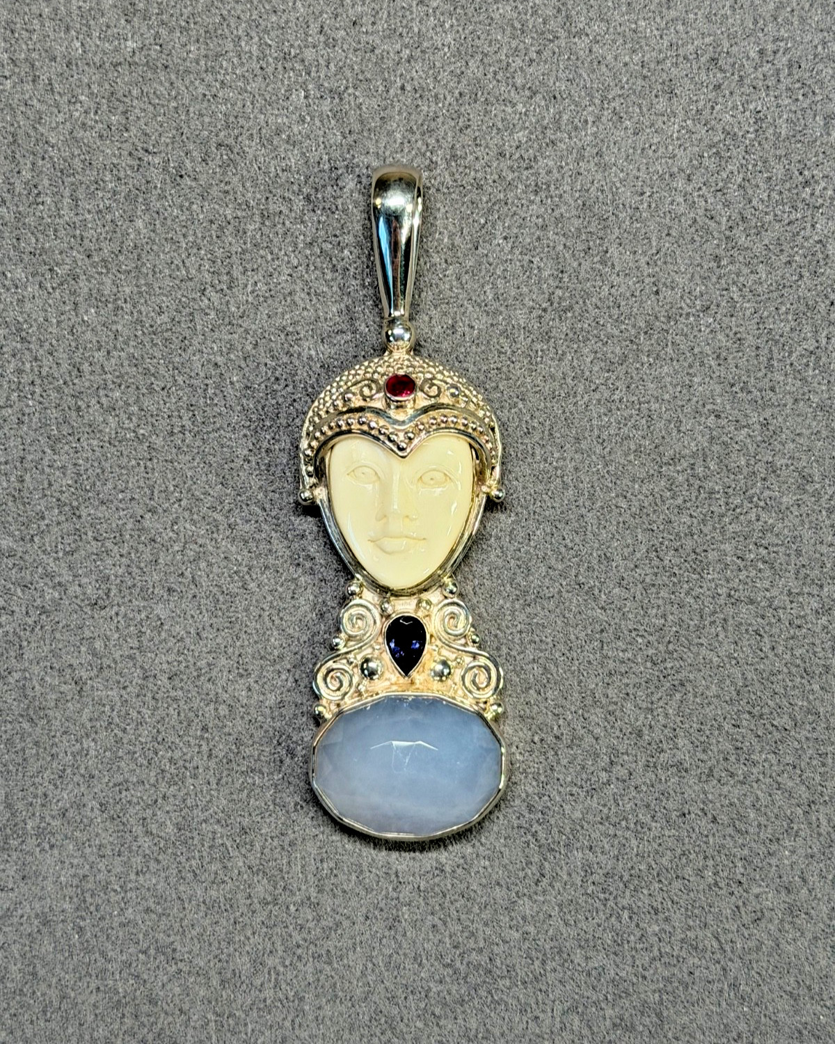 SAJEN Sterling Silver Ruby Garnet Blue Chalcedony Carved Goddess Face Pendant