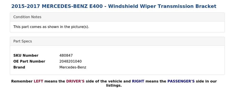 Mercedes-Benz E400 2015-2017 - Soporte de transmisión limpiaparabrisas Foto 3 de 4