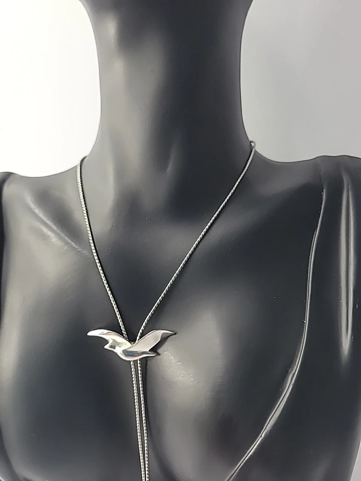 Vintage Silver Tone Soaring Bird Bolo Lariat Necklace Modernist Design - Image 4 of 4