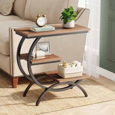 C-Shaped End Table, 3-Tier Rustic Wood Sofa Side Table with Storage Shelves
