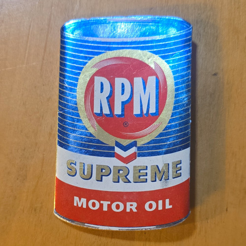 Vintage RPM Supreme Motor Oil miniature souvenir can pocket tissue dispenser