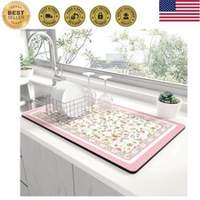 Dish Drying Mat for Kitchen Counter, 12 x 19" Cute Flower Theme Super Absorbe...