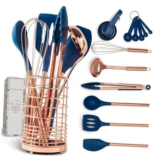 Copper and Blue Silicone Cooking Utensils Set - 17-Piece Set with Navy & Copper