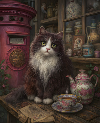 8x10 Cat On Table Next To Tea Pot Art Print Wall Decor - 859074546