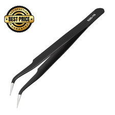 uxcell ESD-15 Tweezers, Anti-Static Stainless Steel Non-magnetic Curved Black