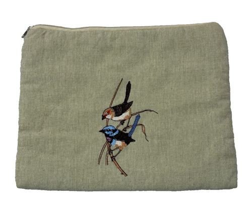 Embroidered Bird Beige Cotton Cosmetic Pouch Amenity Bag w/ Zip 25cm x 20cm