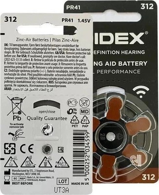 Widex hearing aid battery Size 312 (PR41) (10 X 6 = 60 Batteries) FREE SHIPPING