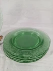Vntg Green Clear Depression Bread & Butter Plates w Etched Leaf Set of 5