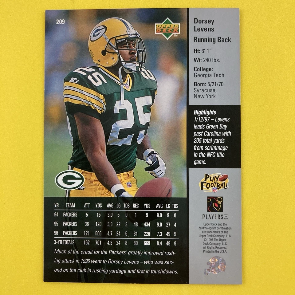 Dorsey Levens 1997 Upper Deck Card #209 NFL Green Bay Packers - Image 2 of 2