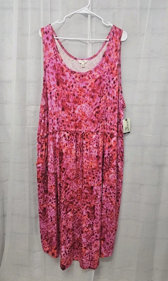 Terra & Sky 粉色无袖豹纹连衣裙 Midi Boho 舒适海滩背心裙 3X 全新带标签