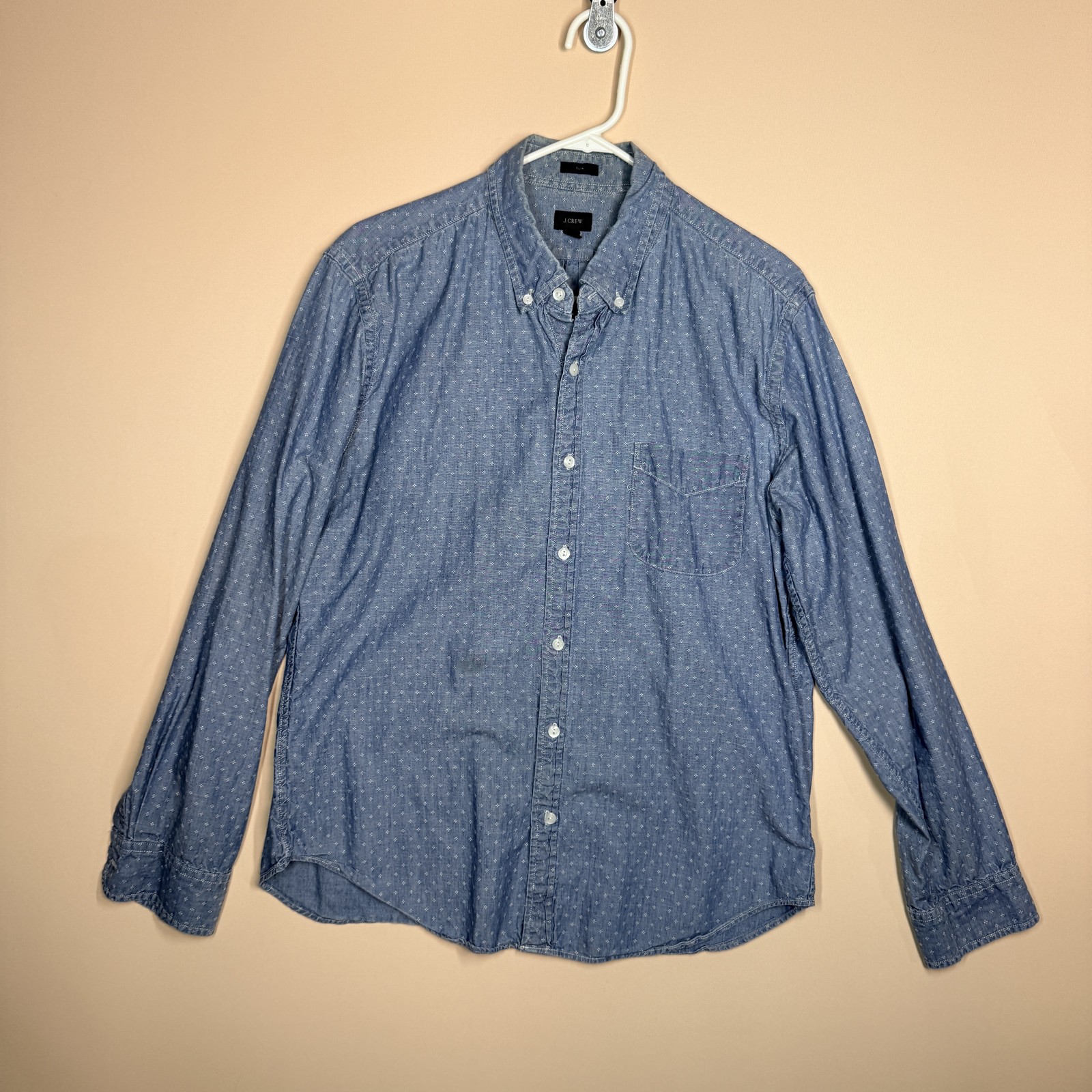 J.CREW Chambray Pattern Button Up Work Shirt Indigo Blue Men's Large L