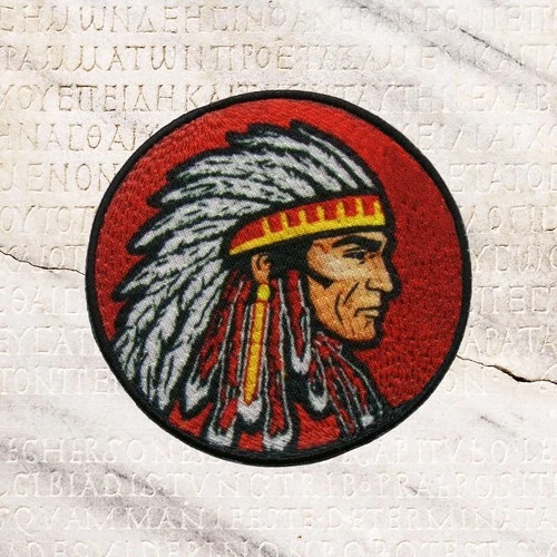 INDIAN CHIEF HEADDRESS EMBLEM PATCH IRON-ON EMBROIDERED RED ROUND LOGO