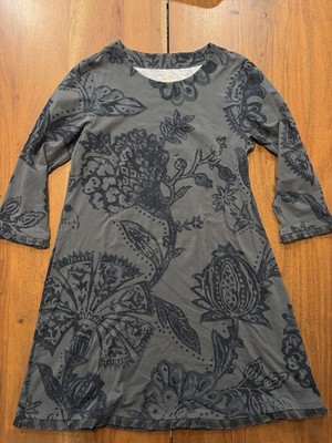 Spartina 449 Gray Black Floral Print 3/4 Sleeve Tunic Dress Fringe Hem Size L