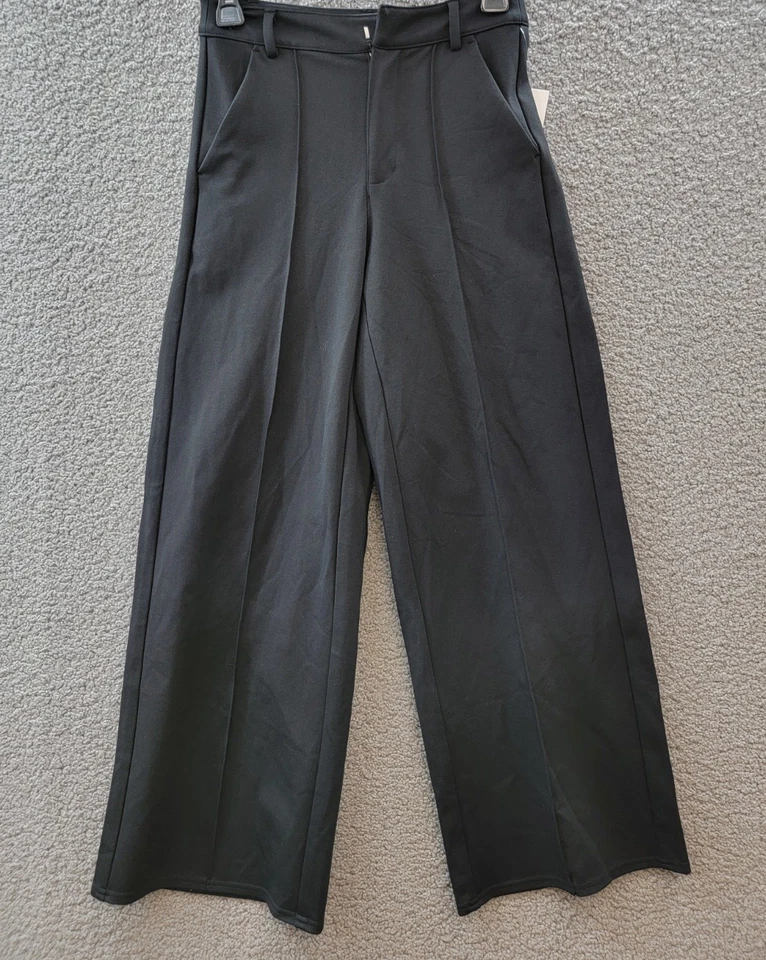 Calça ponte Bar III Petite perna alta perna larga costurada feminina PP preta com zíper gancho e barra - Imagem 2 de 4