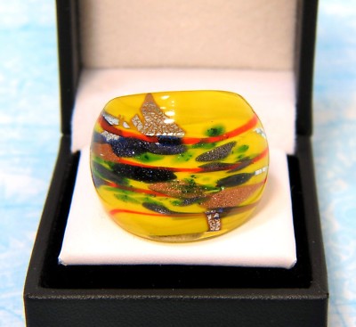 Bohemian Art Deco Yellow Hand Blown Glass Bling Ring size 8.25