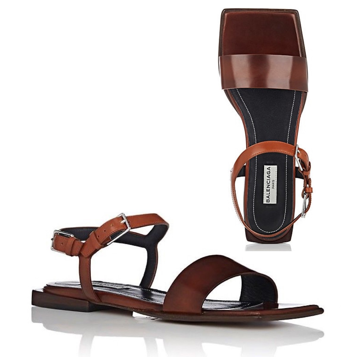 BALENCIAGA Square Toe Leather Sandals in Terre De Sienne Brown 37.5 US 7.5  | eBay