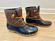 Sperry Saltwater Girls Duck Boots Size 3 Navy Blue Waterproof Preppy Leather Zip