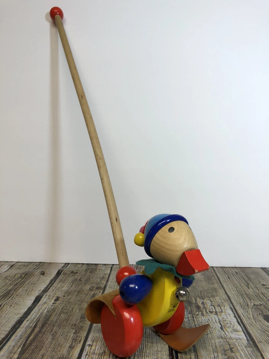 Selecta Spielzeug Duck Push Along Toy Pedella Bell Wooden Wheels Leather Flaps