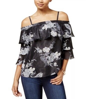 BCXFloral Off the Shoulder Blouse, Black, Medium RGT  