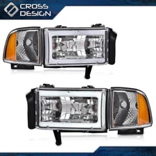 Chrome Headlights LED Tube C Light Bar Fit For 1994-02 Dodge Ram 1500 2500 3500