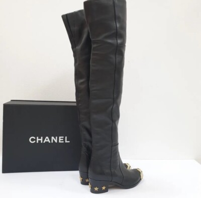Chanel Black Leather Paris Dallas Metal Cap Toe Thigh High Boots