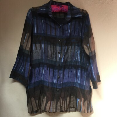 Linda Allard Ellen Tracy Womens Linen Button Up Shirt Size 4 Blue Brown Abstract