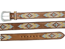 Western Soft Leather Tan Belt Size 36 Southwestern Embroidered Cross Pattern