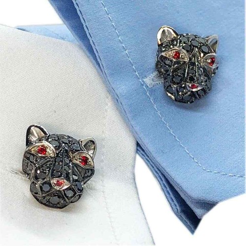 Lab-Created 4.1CT Black Onyx & 0.25CT Red Ruby Eyes Cougar Face Shaped Cufflinks - Picture 7 of 10