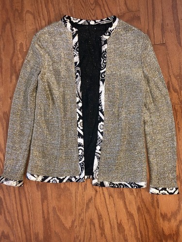 Vintage Gold Black Embroidered Shiny NYE Cardigan Lightweight Sweater Jacket - S