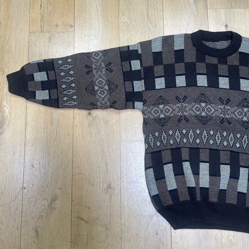 Mens Geometric Vintage Jumper XL Brown Crew Neck 90s Abstract Retro Sweatshirt - Picture 9 of 14