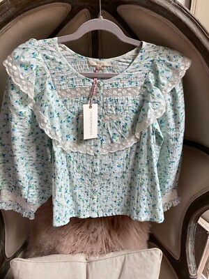 NWT LoveShackFancy Canna Lace Embroidered Top Blouse Shirt Blue Green Floral XS