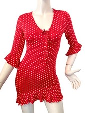 {NASTY GAL} Dress Mini Red/White Polka Dot Ruffle Hem V Neck Stretch Summer ~S