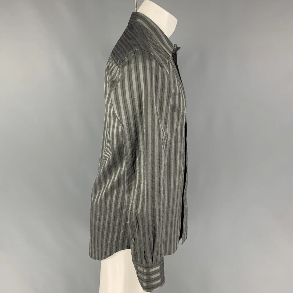 EMPORIO ARMANI Size L Grey Olive Stripe Cotton Viscose Long Sleeve Shirt - Image 2 of 4