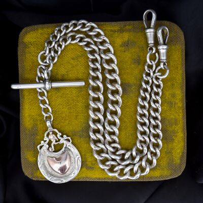 Antique Silver Albert Watch Chain Necklace with T-Bar, Medal, Dog Clips  UK