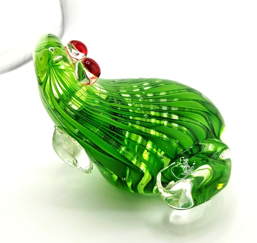 Vintage Murano Style Art Glass Frog Figurine - Green Ribbon Swirl - Red Eyes