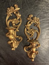 Vintage Homco Gold Floral Wall Sconce Pair 4118 Hollywood Regency 1971 USA Made