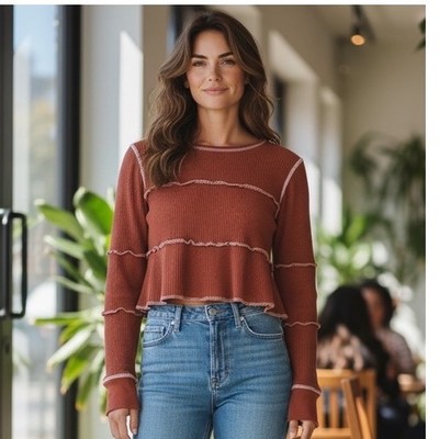 Urban Outfitters Rust Waffle Knit Long Sleeve Top Indie Grunge Gorpcore Earthy M