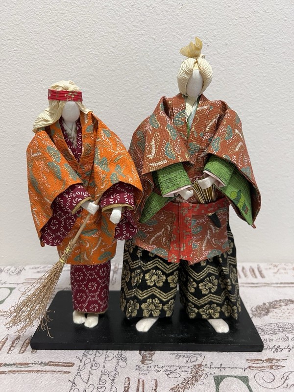 Handmade Rare Vintage Japanese Silk Fabric Dolls Pair Showa 55 (1980) Signed