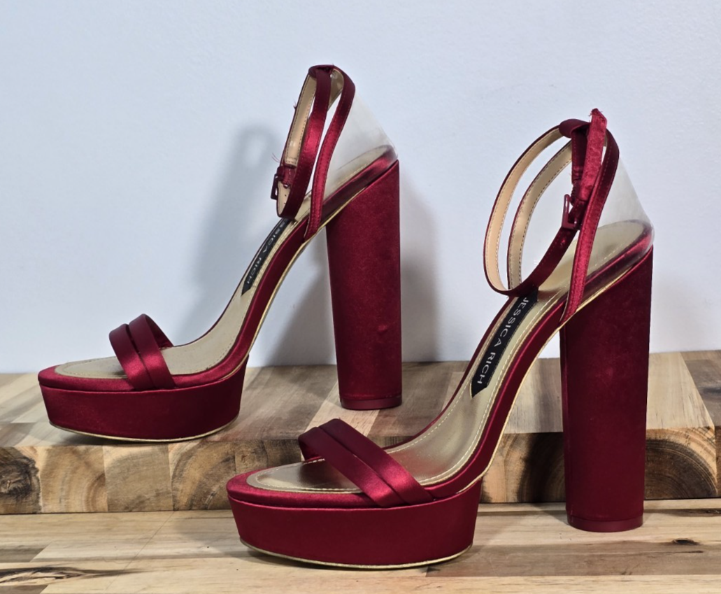 Jessica Rich Wine Red Chunky Block Heel Ankle Strap Platform Heels Size 38 US 7.5