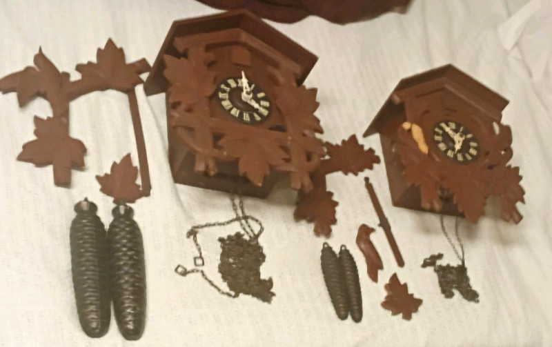  2 German Black Forest Cuckoo Clocks Needs Repair, Wood Case Chains Weights Bird