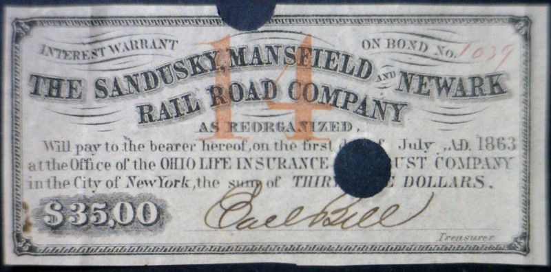 1863 CONFEDERATE Civil War Era $35 Sandusky Railroad Interest Coupon XF Note  NR